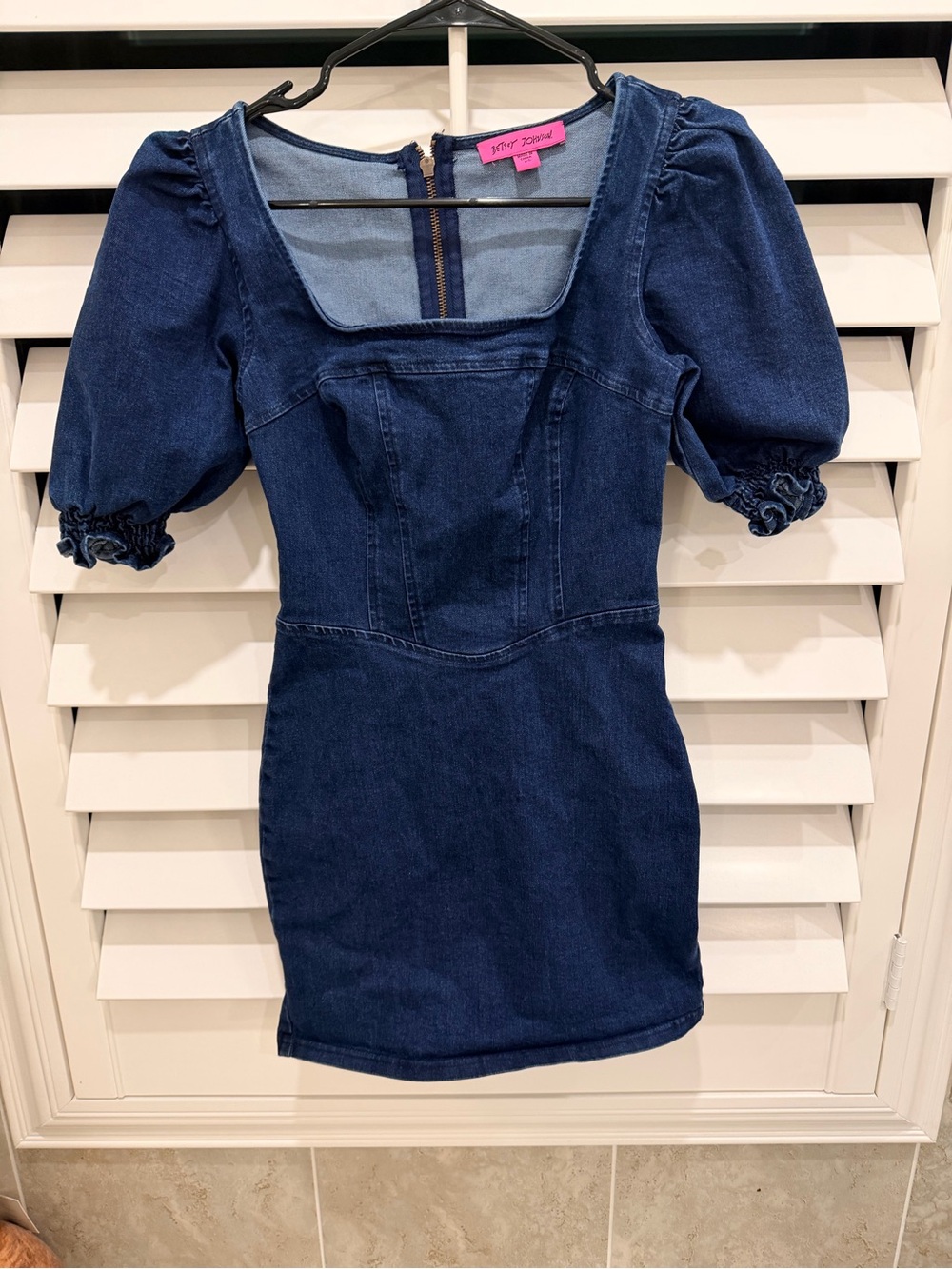 Betsy Johnson Denim Puff-Sleeve Mini Dress - Dark Blue